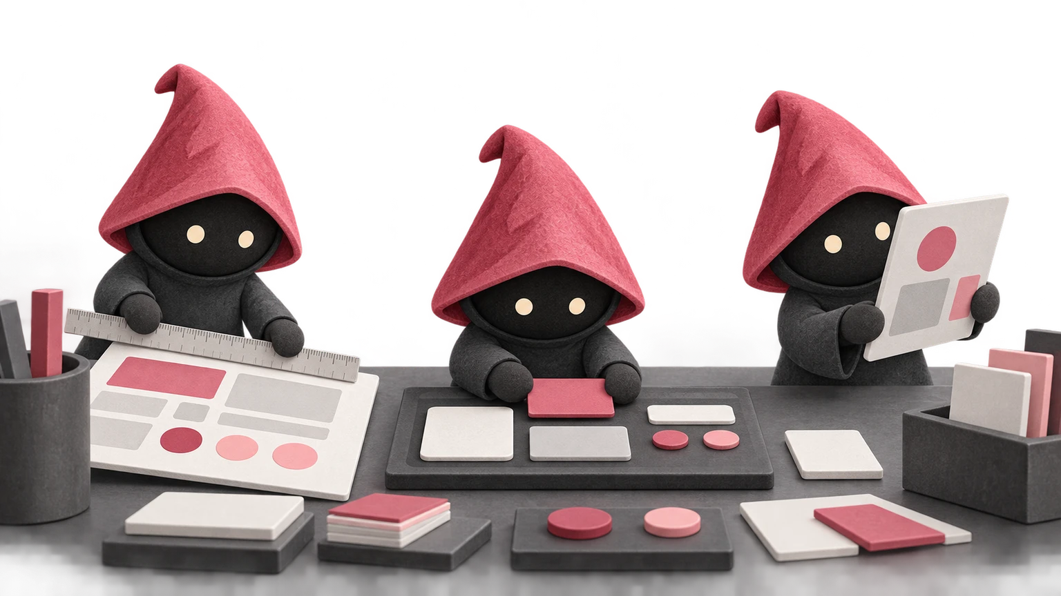 Three rose-hooded Ember companions measure, arrange and review interface components at a graphite workbench.