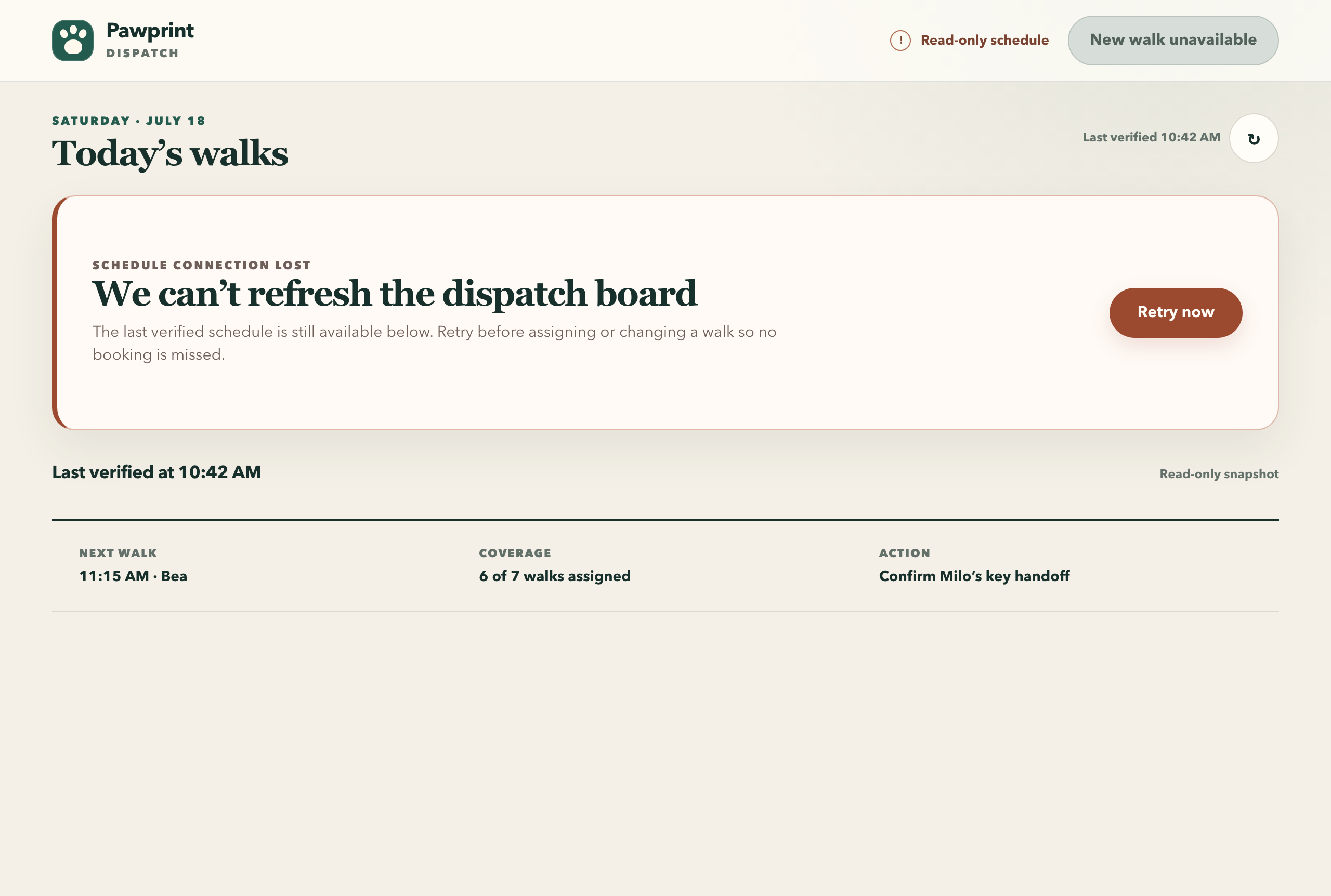 Repaired Pawprint error state showing New walk unavailable.